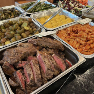 Strip steak, Rigatoni, potatoes, Brussels sprouts, asparagus